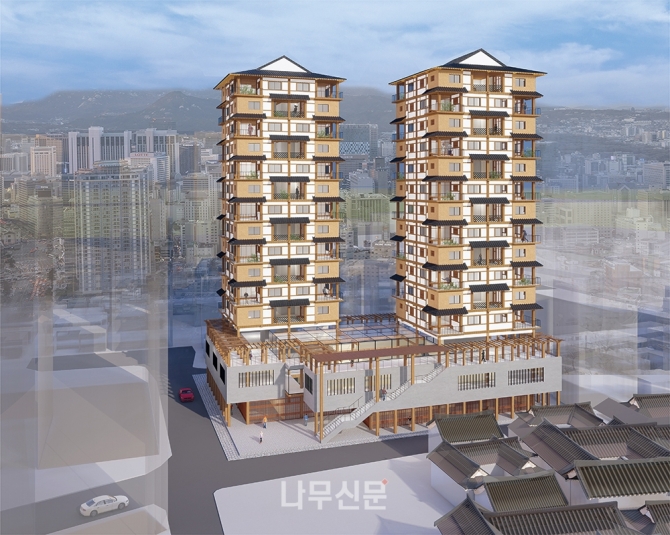 국토교통부가 최근 목조건축물의 높이 제한을 안화하는 것을 골자로 하는 단기 규제개선 과제를 선정, 발표했다. 사진은 지난해 대한민국목조건축대전 계획 부문에서 최우수상을 수상한 '익선뜨락 : 익선동 고층 목조 주상복합 계획안' 조감도. 한국목조건축협회 제공.