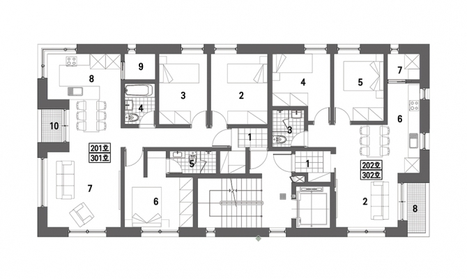[2,3층 평면도]201, 301호1. 현관2. 방 - 33. 방 - 24. 화장실 - 15. 화장실 - 26. 방 - 17. 거실8. 주방/식당9. 다용도실10. 발코니202, 302호1. 현관2. 거실3. 화장실4. 방 - 25. 방-16. 주방7. 다용도실8. 발코니