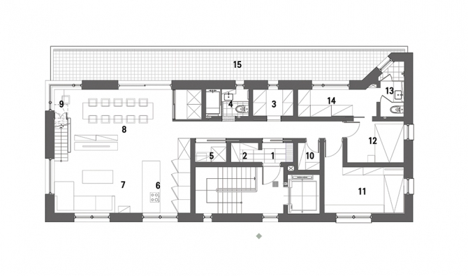 [4층 평면도]401호1. 현관2. 현관 창고3. 방 - 드레스룸 - 24. 화장실 - 15. 세탁실6. 주방7. 거실8. 식당9. 서재10. 창고11. 방 - 212. 방 - 113. 화장실 - 214. 드레스룸 - 115. 테라스