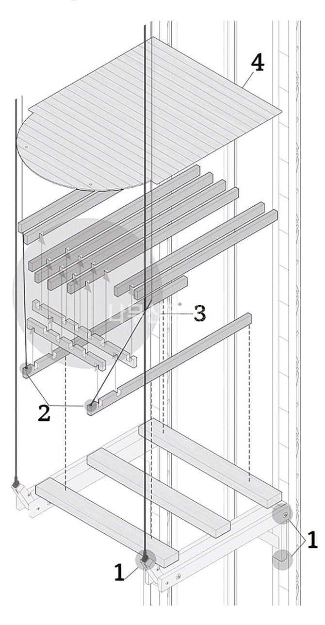 1. 기존의 철골 기둥에 나무 보를 잇고, 반대쪽 끝은 와이어로 매달아서 넓은 하부공간 사용2. 돌출된 슬라브를 지지하기 위해 작은보를 함께 돌출, 돌출부의 지지를 위해 위층 보에 와이어로 이음3. 나무를 짜맞춰 와이어로 지지한 작은보에 나머지 돌출 작은보를 지지4. 작은보에 수직방향으로 바닥판 설치